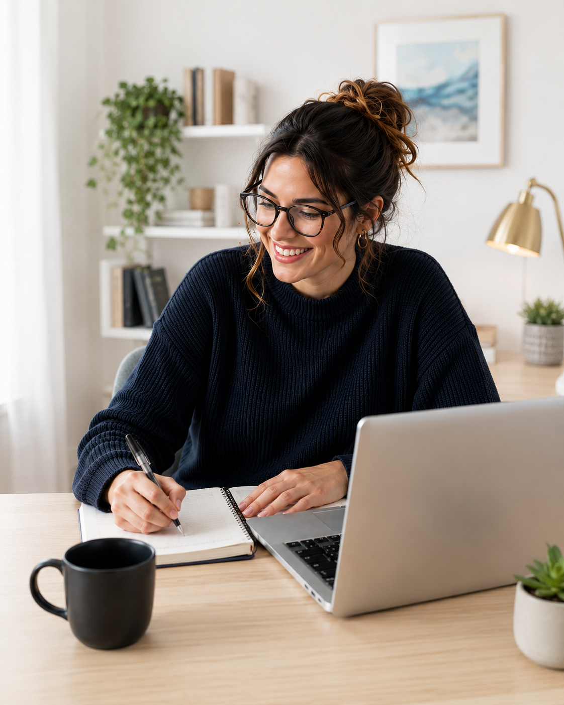 Mulher adulta estudando inglês online com notebook e caderno
